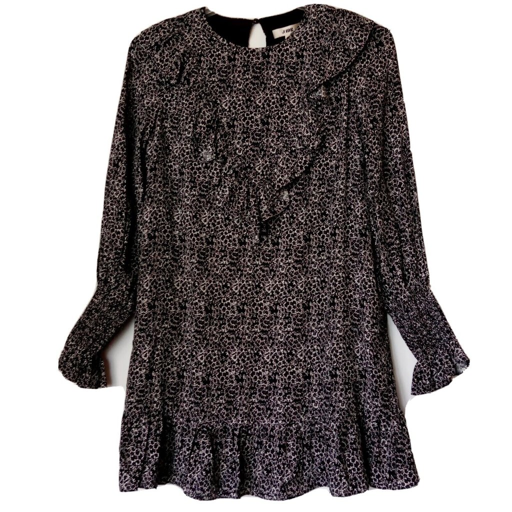 Floral Print Mini-Dress Sz Medium Elastic Cuffs Ruffled Black/White J. Ing Nwt